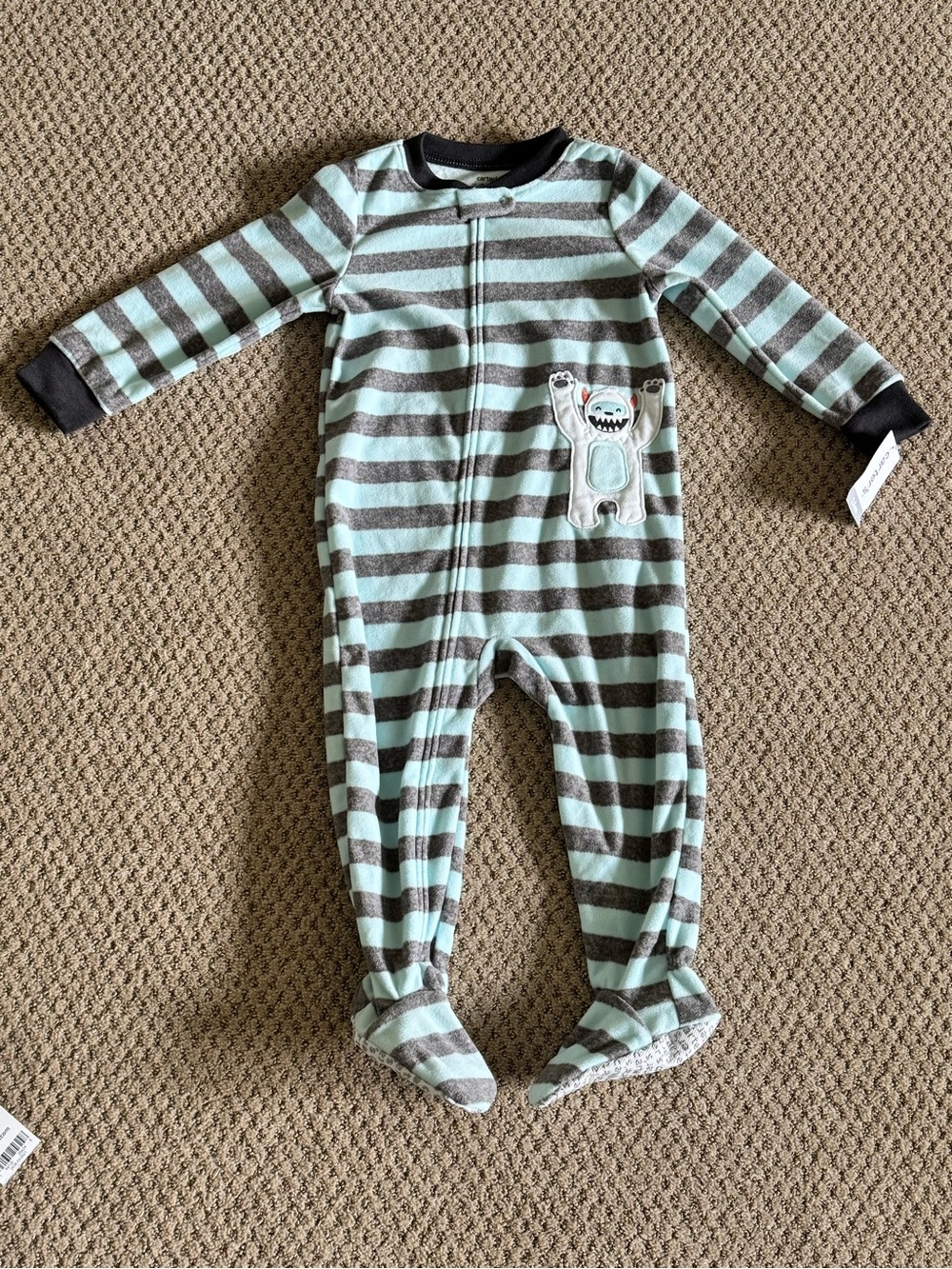 Carter's Mint and Gray Striped Footed One-Piece with Yeti Patch